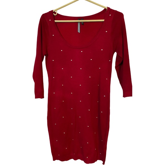Red extra long sweater size L, silver dot details all over front not on back - Picture 1 of 6